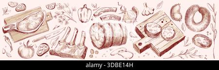 Produits de viande crue fraîche sur fond blanc. Illustration vectorielle de côtes de porc, steak de bœuf, saucisses, légumes et assaisonnement sur planche de bois, produits de boucherie, menu de restaurant, croquis art. Illustration de Vecteur
