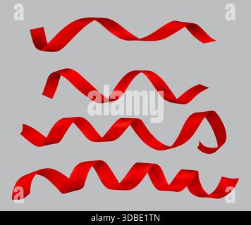 Ruban ruban de satin rouge dans des formes courbes ondulées - bande de soie brillante isolée sur fond gris. Éléments de décoration d'emballage cadeau de Noël ou d'anniversaire avec des torsions et des courbures élégantes et fluides lumineuses. Illustration de Vecteur