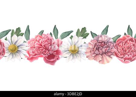 Bordure sans couture, pivoines, œillets, chrysanthèmes, alstroemerias, feuilles. Illustration aquarelle peinte à la main isolée sur blanc pour les invitations Banque D'Images
