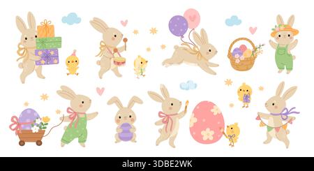 Lapins de pâques mignons. Personnages drôles de vacances, lièvres et poulets avec des œufs peints, cadeaux de maintien de lapin, panier, petits lapins doux bébé, printemps Illustration de Vecteur
