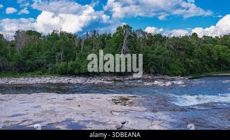 Une puissante cascade à plusieurs niveaux descend en cascade sur des formations rocheuses en couches dans un cadre forestier luxuriant. Les courants blancs mousseux contrastent avec le ciel dense. Banque D'Images