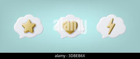 Bulles de chat en 3D avec des accents de coeur, d'étoile et d'éclair d'or. Icônes de ballon de parole en or pour les interfaces de dialogue et de messagerie. Illustration de Vecteur