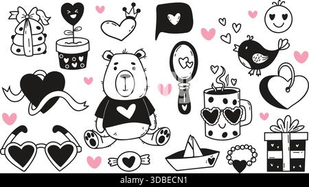 Love Doodle. Mise en place de la Saint-Valentin. Isolé mignon ours en peluche jouet, oiseau, bespectacled tasse, serrure de porte, symboles romantiques et coeur. Main noire complète Illustration de Vecteur