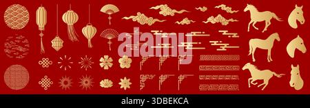 Joyeux nouvel an chinois 2026, année du cheval, ensemble d'icônes chinoises, collection d'éléments asiatiques dorés sur fond rouge, ornements vectoriels, nouvel an chinois Illustration de Vecteur