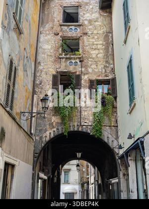 Ruelle pavée avec Stone Archway et fenêtres envahies au-dessus, Brescia, Italie. Banque D'Images