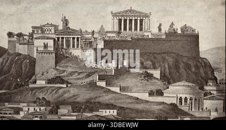 Illustration vintage en sépia montrant l'Acropole d'Athènes, Grèce. Banque D'Images
