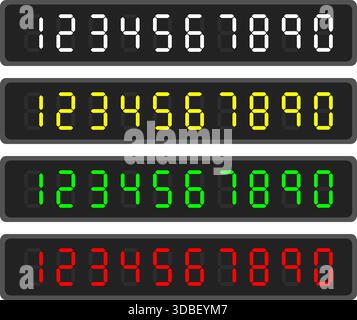 Panneau électronique avec numéros numériques en blanc, vert, rouge et jaune sur fond noir. Signes numériques de l'interface du tableau de bord. Minuterie pour composer les chiffres. SCRE Illustration de Vecteur