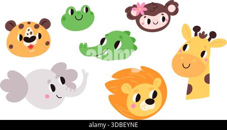 Mignons visages drôles d'animaux de bande dessinée. Lion et girafe. Singe joyeux. Sourire adorable crocodile. Têtes isolées de tigre et d'éléphant. Drôle de grenouille. Zoo c Illustration de Vecteur