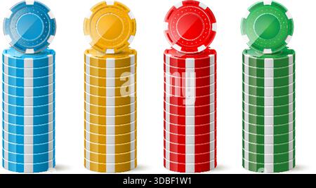 Piles réalistes de jetons de poker colorés pour les jeux de casino. Colonne jetons Vegas. Jeu de chance. Jouez à un jeu risqué. Cercles de couleurs gagnants. Parier fortune Illustration de Vecteur