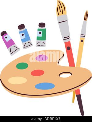 Palette avec peintures. Outils artistiques. Pinceaux et planche de bois. Huile ou peinture acrylique en tubes. Papeterie pour peintre. Artistes artisanaux. Les pinceaux dessinent Illustration de Vecteur