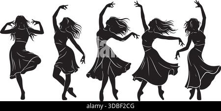 Groupe de cinq silhouettes danseuses noires féminines en jupes modernes ou contemporaines Illustration de Vecteur