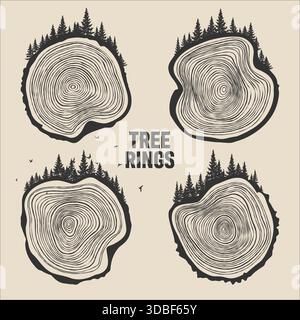 Tronc d'arbre rond coupé avec des arbres, de la forêt et des oiseaux. Tranches de pin scié ou de chêne, bois d'œuvre. Scier bois coupé, bois. Texture en bois brun avec anneaux d'arbre. Main Illustration de Vecteur
