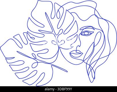 Visage de femme avec Monstera Leaves Line Art Vector illustration Fashion minimal Print logo Design Illustration de Vecteur