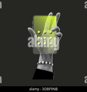 Demi-teinte vecteur main tactile téléphone interface numérique mobile avec smartphone abstrait pointillé dans le style Pop Art Illustration de Vecteur