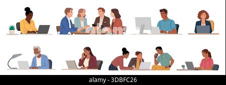 Ensemble de personnes diverses travaillant dans un bureau Illustration de Vecteur