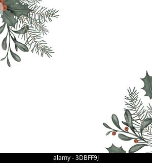 Cadre carré avec illustration dessinée à la main de branche verte de sapin et houx avec baie rouge. Carte postale pour le nouvel an ou la conception de Noël en sourdine Banque D'Images