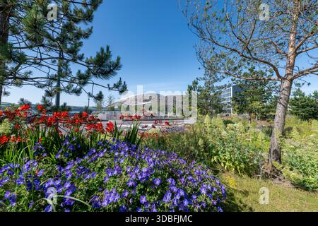 Une scène de jardin lumineux au bord de la rivière avec des fleurs rouges, violettes et jaunes, une végétation luxuriante et des arbres, ensemble contre des bâtiments contemporains et un ciel bleu. Banque D'Images