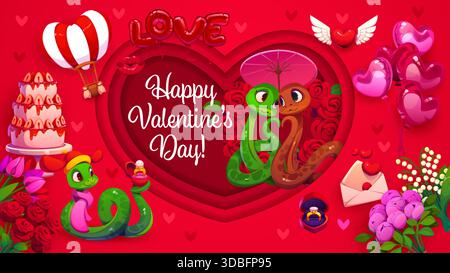 Carte de voeux de Saint-Valentin découpée en papier. Affiche vectorielle de jour de Saint Valentin, célébration romantique ou bannière de vacances d'amour avec des personnages de serpents, dessert, fleurs et bague de fiançailles Illustration de Vecteur