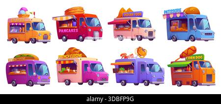 Voitures de camion de nourriture de dessin animé. Vector vintage festival food trucks de rue et fourgonnettes de vendeurs de cuisine vietnamienne, française et indienne. Crème glacée, chien de maïs et pâtes, crêpes et camions de nourriture de pâtisserie Illustration de Vecteur
