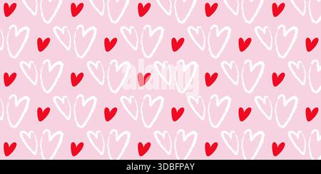 Motif sans couture Saint-Valentin avec icônes de coeur blanc et rouge sur fond beige. Aimez le papier peint avec des éléments vectoriels dessinés à la main Illustration de Vecteur