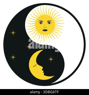 Illustration Yin yang avec soleil et lune avec des étoiles sur fond blanc Illustration de Vecteur