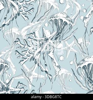 Motif sans couture dessiné à la main avec méduses, algues, étoiles de mer et corail. Illustration graphique d'art de ligne de vie sous-marine pour la conception. Imprimez sur un bleu Illustration de Vecteur