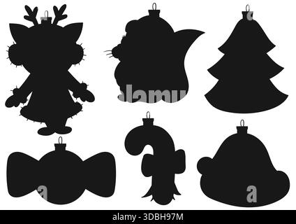Décorations d'arbre de Noël, ornements de Noël. Ensemble de silhouettes. Dessins pour énigmes et activités éducatives pour les enfants. Icônes, signes, sticke Illustration de Vecteur