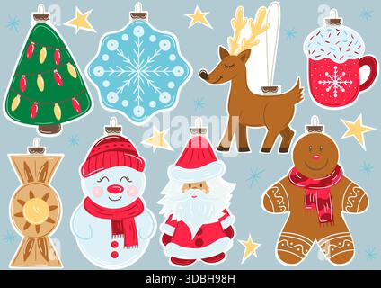 Décorations d'arbre de Noël, ornements de Noël. Ensemble d'autocollants sur un fond bleu. Dessins pour énigmes et activités éducatives pour les enfants, de Illustration de Vecteur