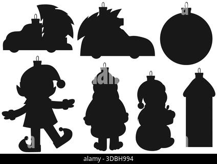 Décorations d'arbre de Noël, ornements de Noël. Ensemble de silhouettes. Dessins pour énigmes et activités éducatives pour les enfants. Icônes, signes Illustration de Vecteur