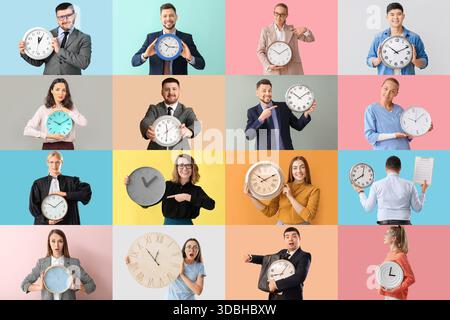 Collage de beaucoup de gens avec horloge sur fond de couleur Banque D'Images