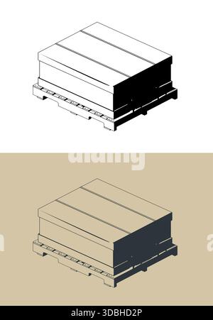 Boîte d'expédition fixée à une palette en bois stylisée illustrations isométriques vectorielles Illustration de Vecteur