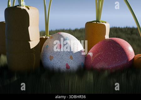 rendu 3d des œufs de pâques joyeux et des carottes dans le champ herbeux Banque D'Images