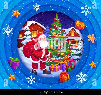 Santa Claus près de sapin de vacances avec sac cadeaux Illustration de Vecteur