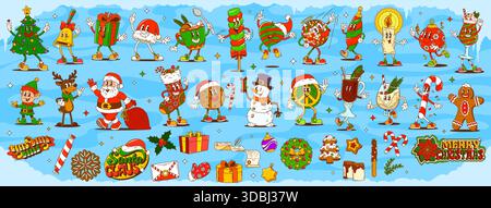 Personnages groovy de Noël, arbre de Noël, Père Noël, elfe Illustration de Vecteur