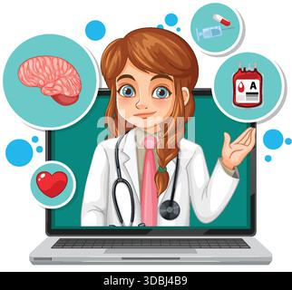 Illustration vectorielle d'un médecin féminin émergeant d'un ordinateur portable, entouré d'icônes médicales, dans un style de dessin animé propre, coloré Illustration de Vecteur