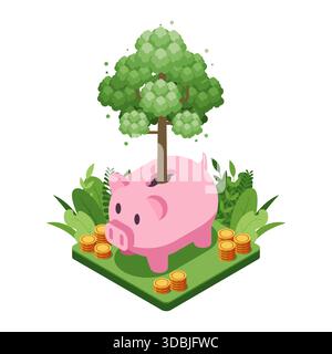 Banque de Piggy isométrique avec un arbre en croissance. Concept d'épargne et d'investissement durable Illustration de Vecteur