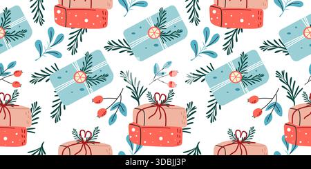 Motif dessiné à la main vectoriel sans couture avec des boîtes cadeaux et des plantes d'hiver. Illustration de Vecteur