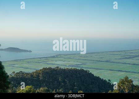 Une vue aérienne à couper le souffle depuis Gunung Jerai révèle des champs verdoyants, une côte sinueuse et un ciel pastel le matin, mêlant agriculture, natu Banque D'Images