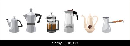 Collection de cafetières différentes. Style de dessin animé, design plat. Illustration vectorielle. Icônes des cafetières Illustration de Vecteur