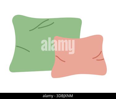 Deux oreillers sont placés l'un à côté de l'autre sur une surface lisse. Un oreiller est vert et l'autre rose. Le paramètre est clair et lumineux, indiquant sim Illustration de Vecteur