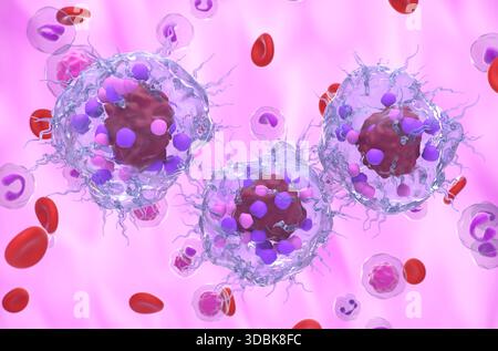 Cellule tumorale neuroendocrine métastatique dans le flux sanguin - vue semi gros plan illustration 3D. Banque D'Images