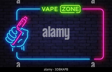 Bordure de vecteur néon accrochant l'oeil avec signe de zone de vape et dispositif de maintien de la main. Conçu pour les bannières de magasin, les visuels de ville de nuit et les promotions modernes audacieuses Illustration de Vecteur