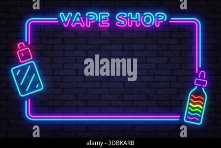 Cadre de vecteur néon lumineux avec signe de magasin de vape, bouteilles de liquide e et accents lumineux. Parfait pour les bannières de magasin, les promotions et l'image de marque urbaine moderne. Illustration de Vecteur