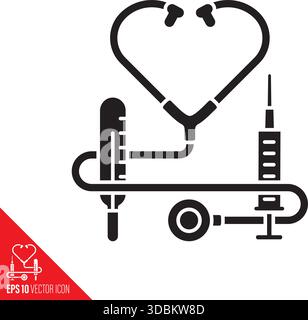 Icône de glyphe vectoriel stéthoscope, thermomètre et seringue pour la Journée des médecins le 30 mars. Symbole des outils médicaux. Illustration de Vecteur