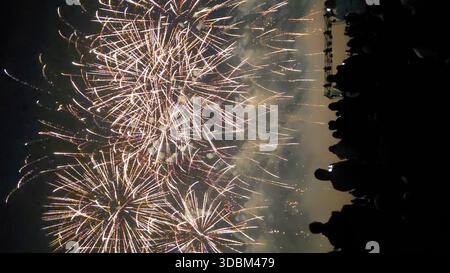 Feux d'artifice dans le ciel nocturne sombre avec beaucoup de roquettes brillamment éclairées Banque D'Images
