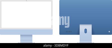24 inch desktop computer front and back angle mockup template for advertisement and product showcase. Blue color pc device blank screen vector Illustration de Vecteur