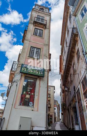 Un bâtiment étroit unique abritant une boutique de fleuriste avec une enseigne au néon sur une rue pavée escarpée dans le centre historique de Coimbra, Portugal. Banque D'Images