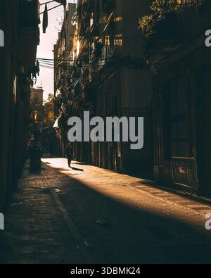 Vue d'une figure solitaire marche dans une rue étroite tandis que la lumière du soleil perce à travers de grands bâtiments, projetant de longues ombres à Barcelone, Catalogne, Espagne. Banque D'Images