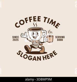 Rétro dessin animé tasse à café Mascot personnage Vintage Mug logo Design Illustration de Vecteur