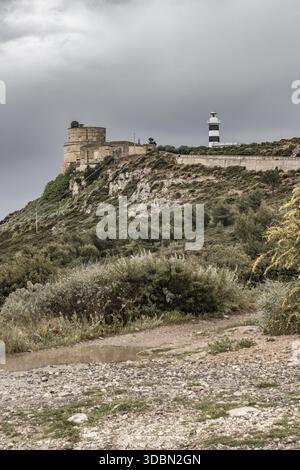 Vue d'un phare debout haut le long de l'ancienne structure sur une colline, sous un ciel lourd de nuages, Cagliari, Sardaigne, Italie. Banque D'Images